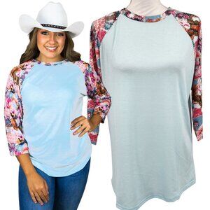 PRISSY JANE‎ Cowgirl Theme Raglan T-Shirt Womens Light Blue Graphic Print Top L